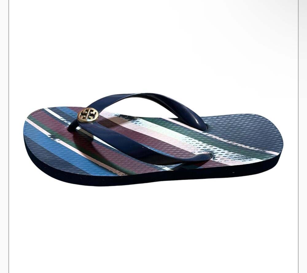 Tory Burch Navy Medley Striped Rubber Logo Flip Flop Sandals